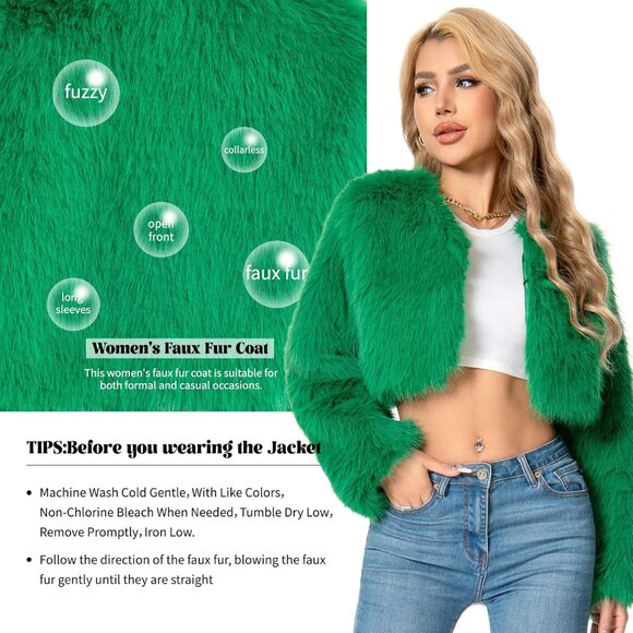 Women Green Cropped Fur Coat for Faux Furry Long Sleeve Cropped Fluffy Jacket - Picture 5 of 6